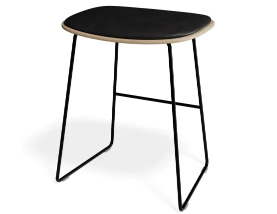 Elva Low Stool - Natural Seat - Black Pad - Black Frame, Leather, 50cm H