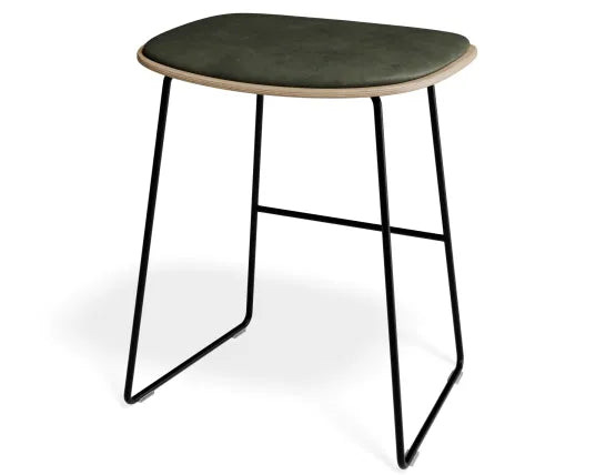 Elva Low Stool - Natural Seat - Green Pad - Black Frame, Leather, 50cm H