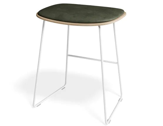 Elva Low Stool - Natural Seat - Green Pad - White Frame, Leather, 50cm H