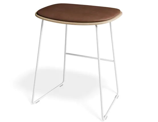 Elva Low Stool - Natural Seat - Tan Pad - White Frame, Leather, 50cm H