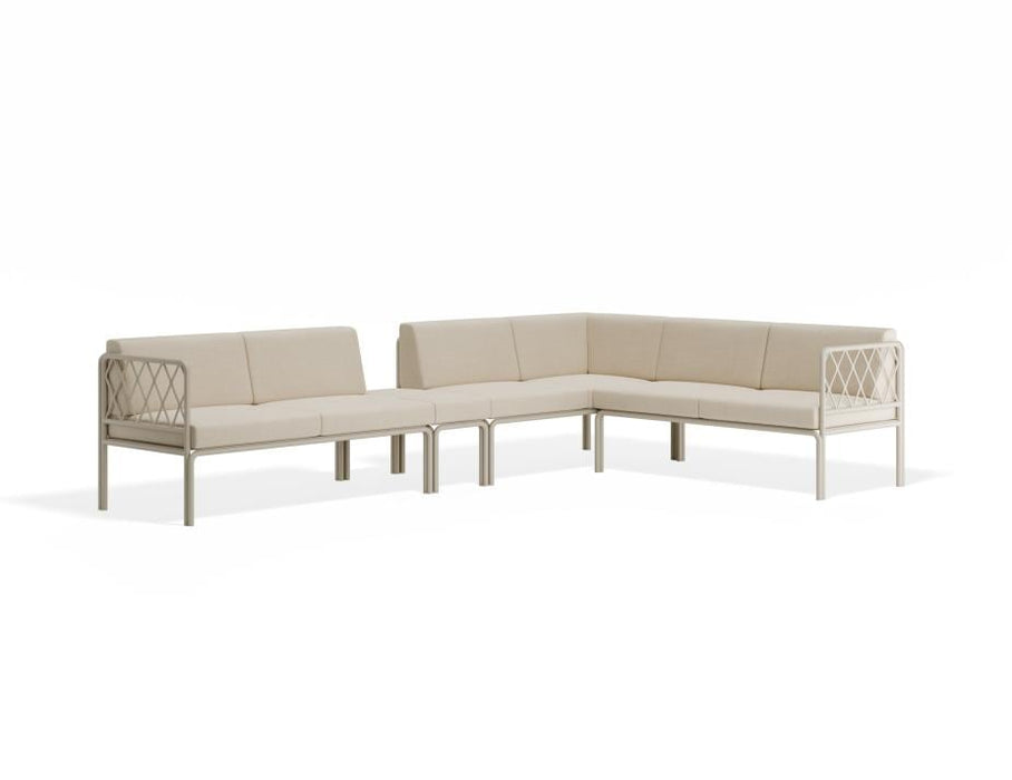 Seville Config J Corner Sofa - Latte - Outdoor - Husk Cushions + Teak Top