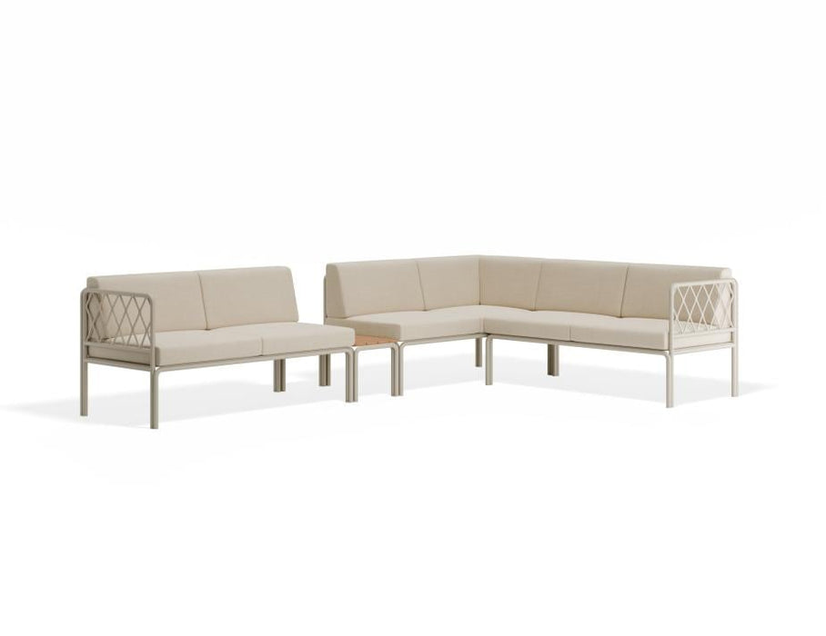 Seville Config J Corner Sofa - Latte - Outdoor - Husk Cushions + Teak Top