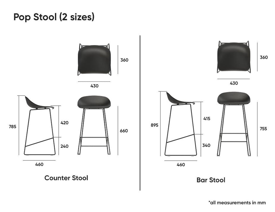 Pop Stool - Black Frame and Fabric Anthracite Seat - 65cm Kitchen Bench Seat Height