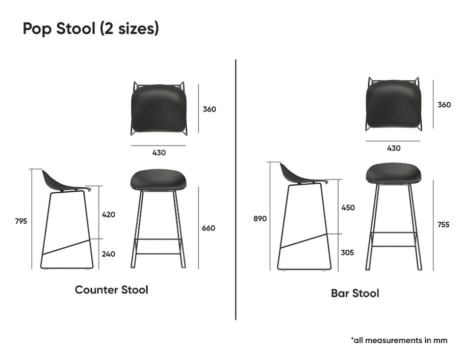 Pop Stool - Silver Grey Frame and Shell Seat - 65cm Kitchen Bench Seat Height