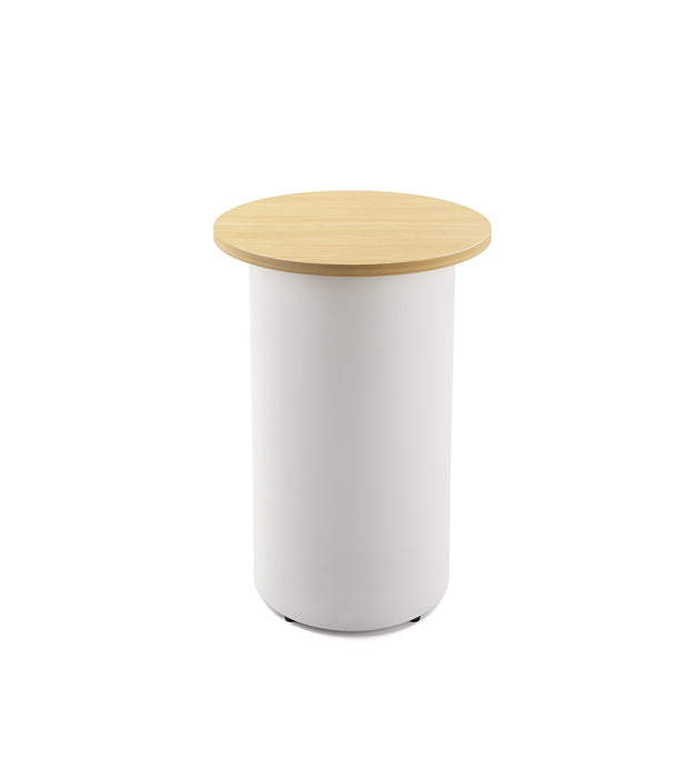 Drum Base Round High Bar Table - 600mm Dia x 1050mm H - Natural Oak - White P/C