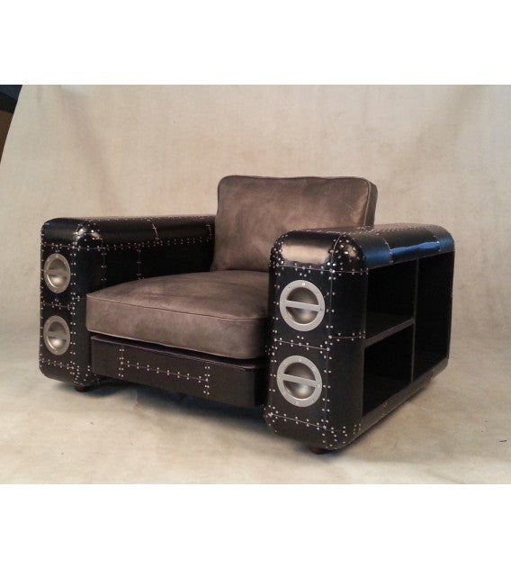 Maverick Brass Armchair With Vintage Leather And Inbuilt Book-Shelving