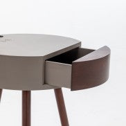 Rubberwood Lamp with Steel Grey Table, Cherry Colour Drawer and Off White Linen Shade