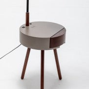 Rubberwood Lamp with Steel Grey Table, Cherry Colour Drawer and Off White Linen Shade