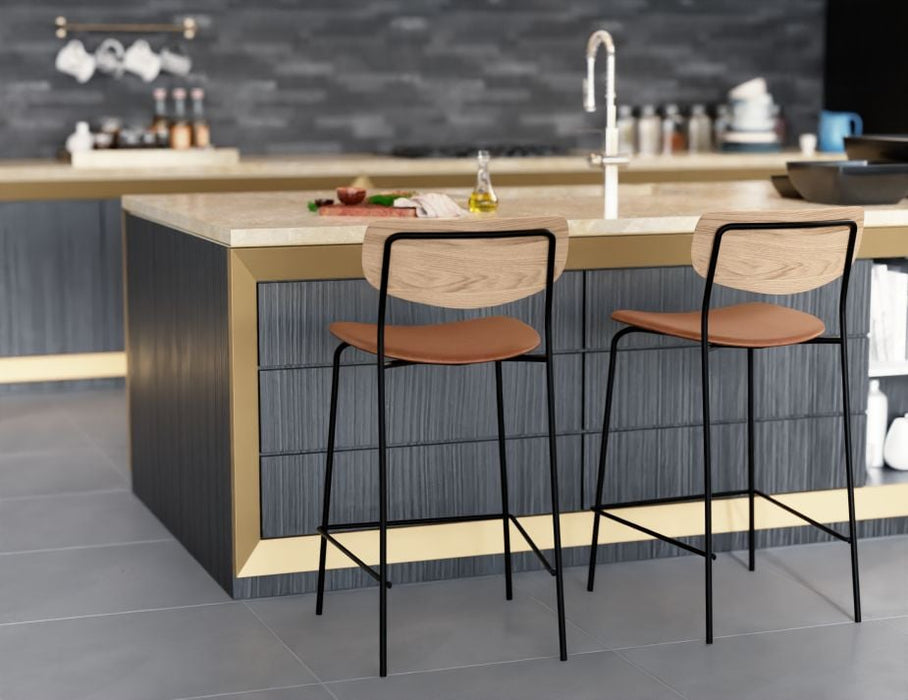 Rylie Stool - Padded Seat with Natural Backrest - 65cm Kitchen Height - Black Vegan Leather Seat