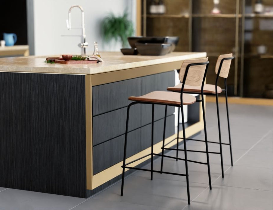 Rylie Stool - Padded Seat with Natural Backrest - 65cm Kitchen Height - Black Vegan Leather Seat