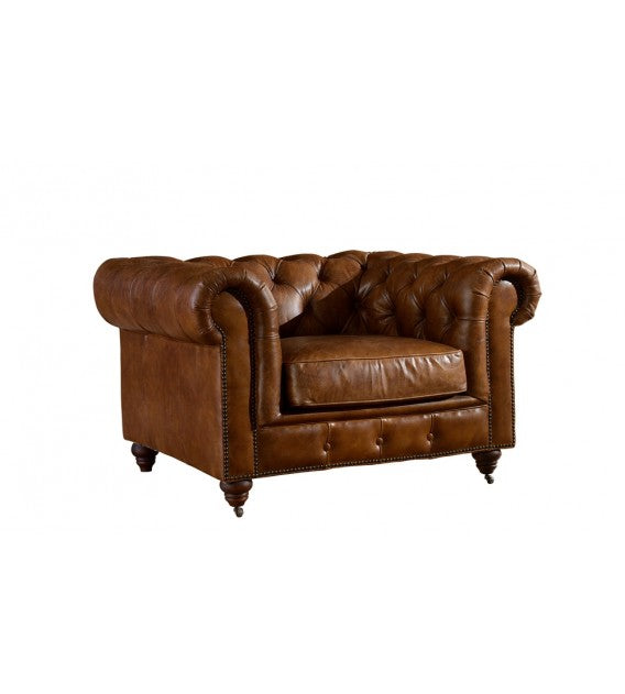 Winston Classic Vintage Leather Chesterfield Lounge Chair - Camel Brown