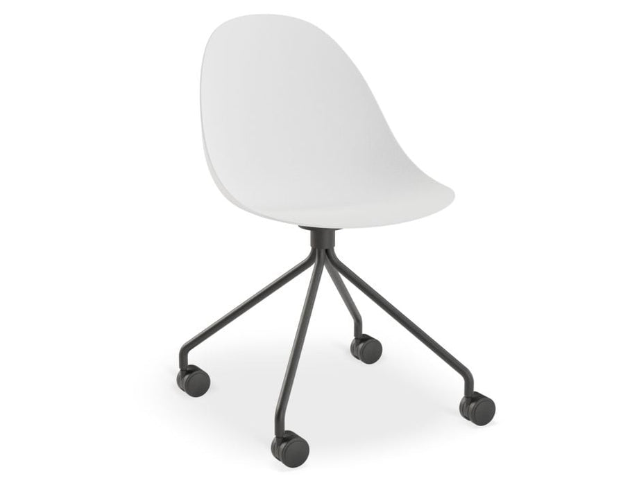 Pebble Chair White with Shell Seat - Swivel Base w Castors - Black