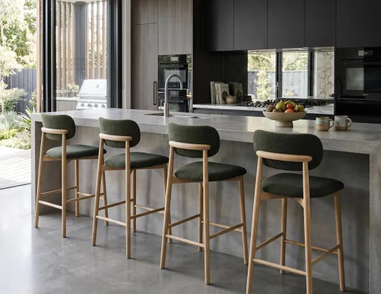 Oskar Bar Stool - Natural - Hunter Green Fabric - 75cm Seat Height (Bar Bench Height)