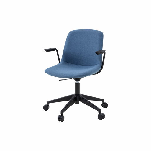 Vista Swivel Chair fully upholstered in Sky blue with black castor base, front angle