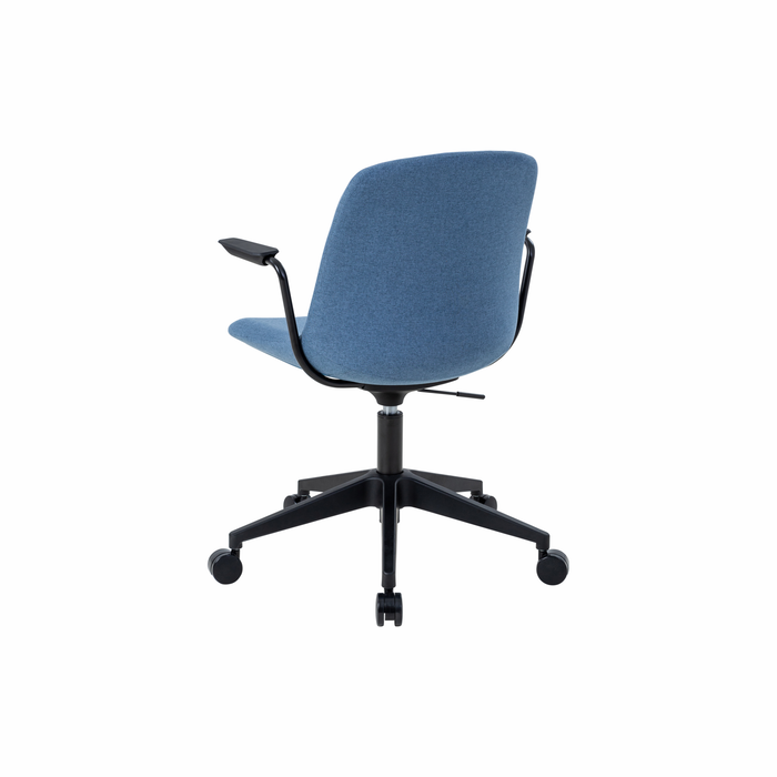 Vista Swivel Chair fully upholstered in Sky blue with black castor base, rear angle