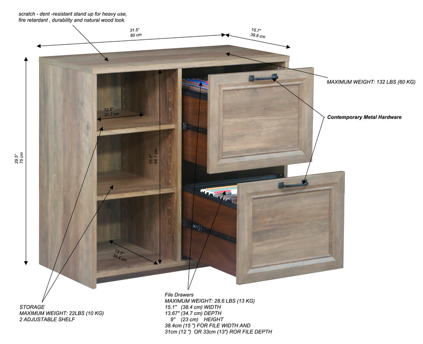 Alaska 2 Drawer File Cabinet - Rustic Oak